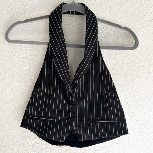 Maeve by Anthropologie Pinstripe Halter Vest Top Tailored Chic Sz 0 Black - Picture 3 of 7